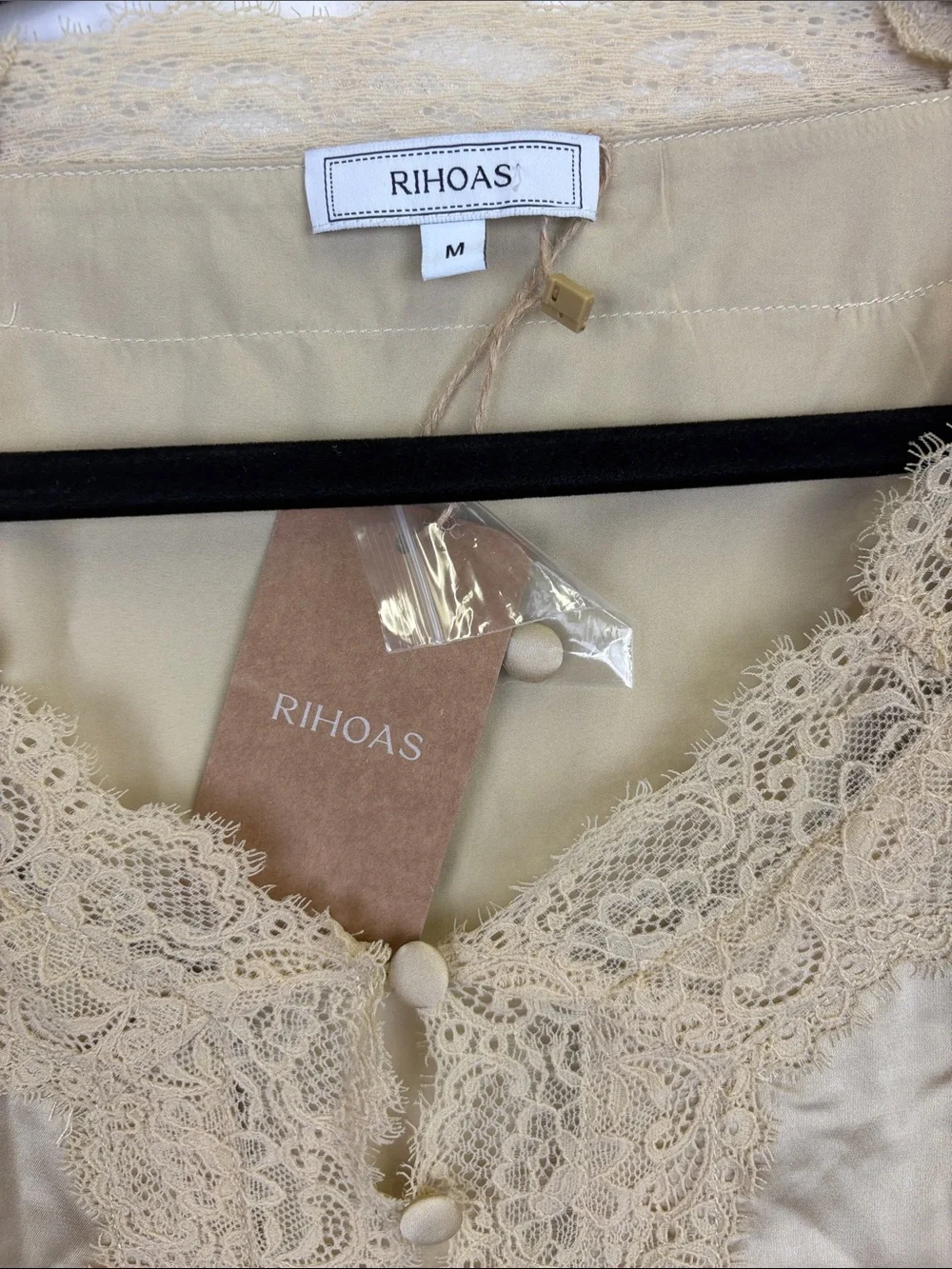 Rihoas Apricot Satin Lace Mini Dress Medium NWT V Neck Cottagecore Romantic - Picture 6 of 12